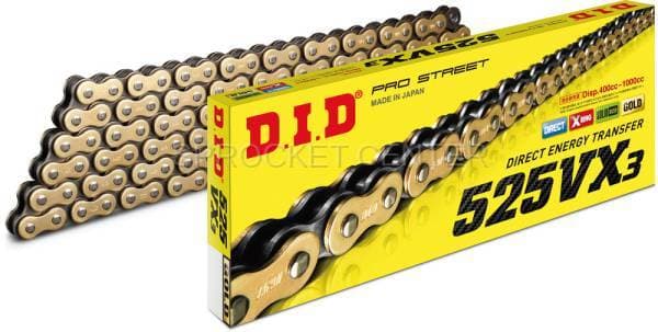DID Chain 525 VX3 Pro-Street X'ring Chain - GOLD (choose length)